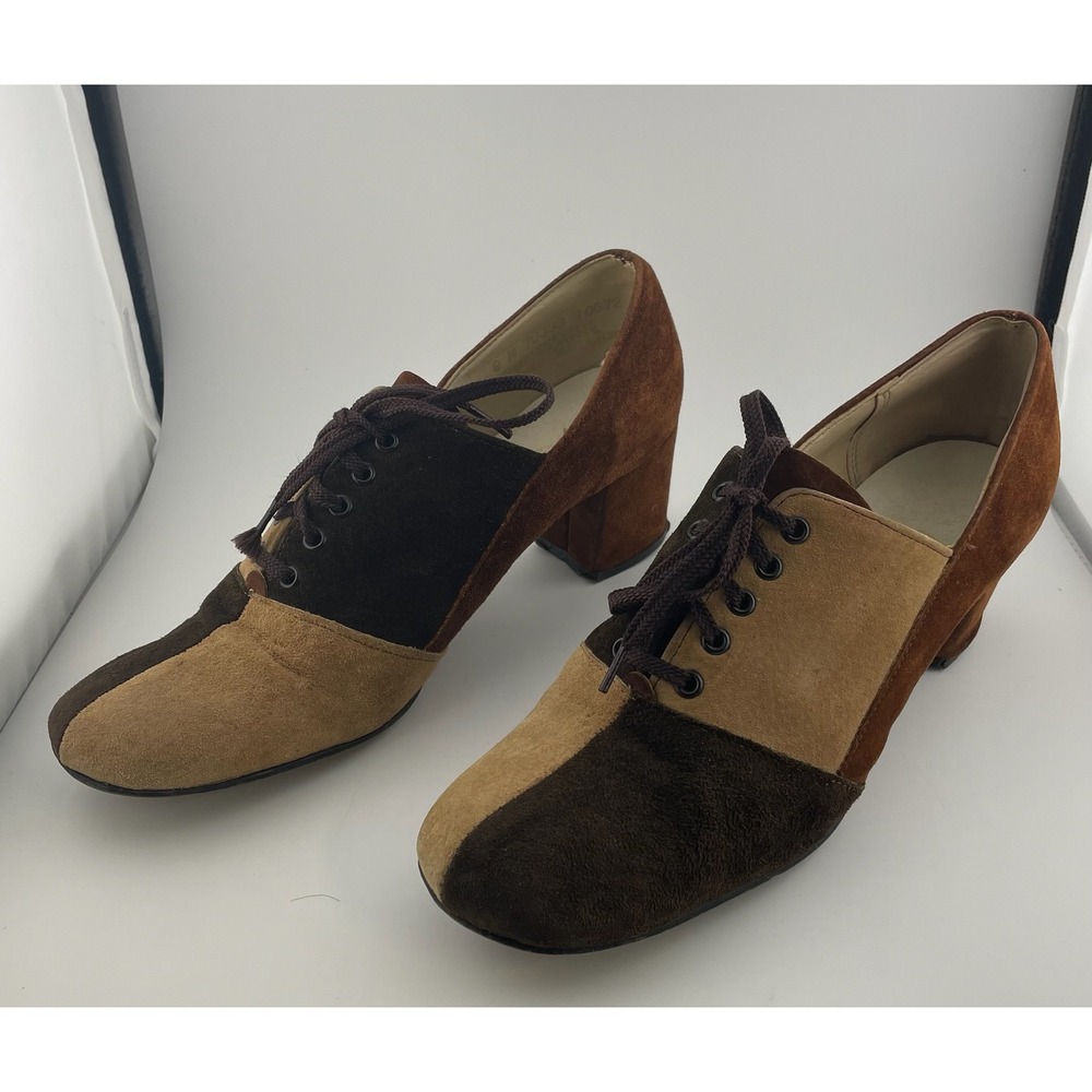 Vintage 60s Hush Puppies Colorblock Suede Mod Heels Lace Up Brown 8M pumps - Picture 4 of 16